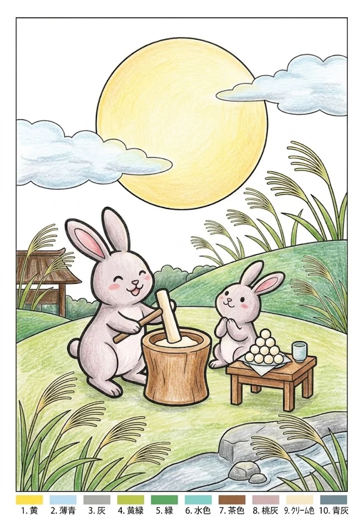 お月見の塗り絵 完成見本（彩色の見本）
