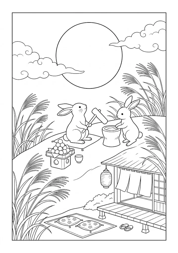高齢者向け無料塗り絵：すすきの原で餅つきをするうさぎと、提灯を灯した茶屋を描いたお月見、お月見（脳トレ・A4印刷用）