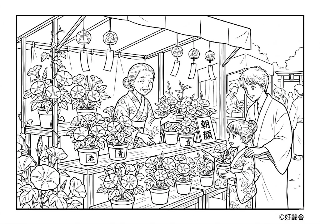 高齢者向け無料塗り絵：色とりどりの朝顔が咲き誇る、下町情緒あふれる朝顔市（脳トレ・A4印刷用）