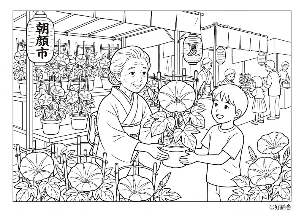 高齢者向け無料塗り絵：鉢植えの朝顔を選ぶ人々の活気が伝わる、夏の朝顔市（脳トレ・A4印刷用）