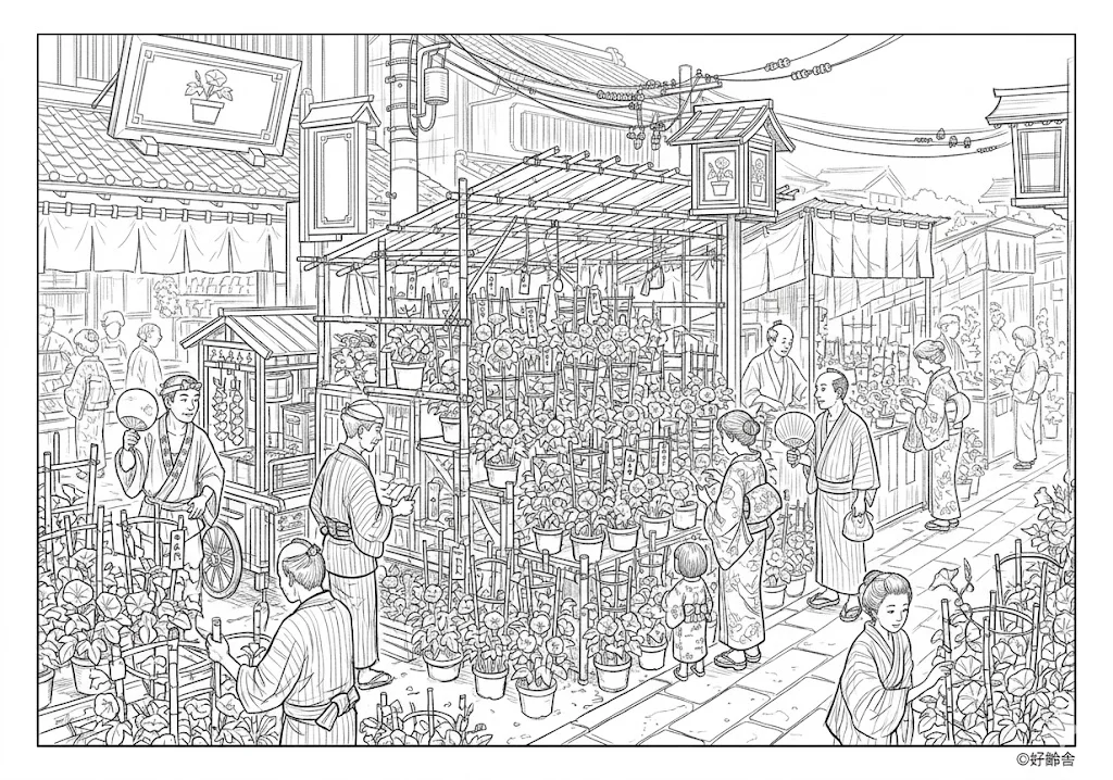 高齢者向け無料塗り絵：早朝の清々しい空気の中、大輪の朝顔が並ぶ情景（脳トレ・A4印刷用）