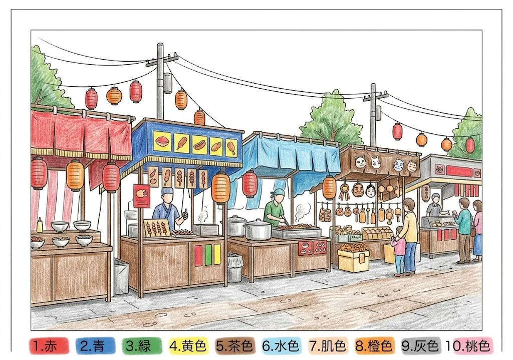 夜店の塗り絵 完成見本（彩色の見本）