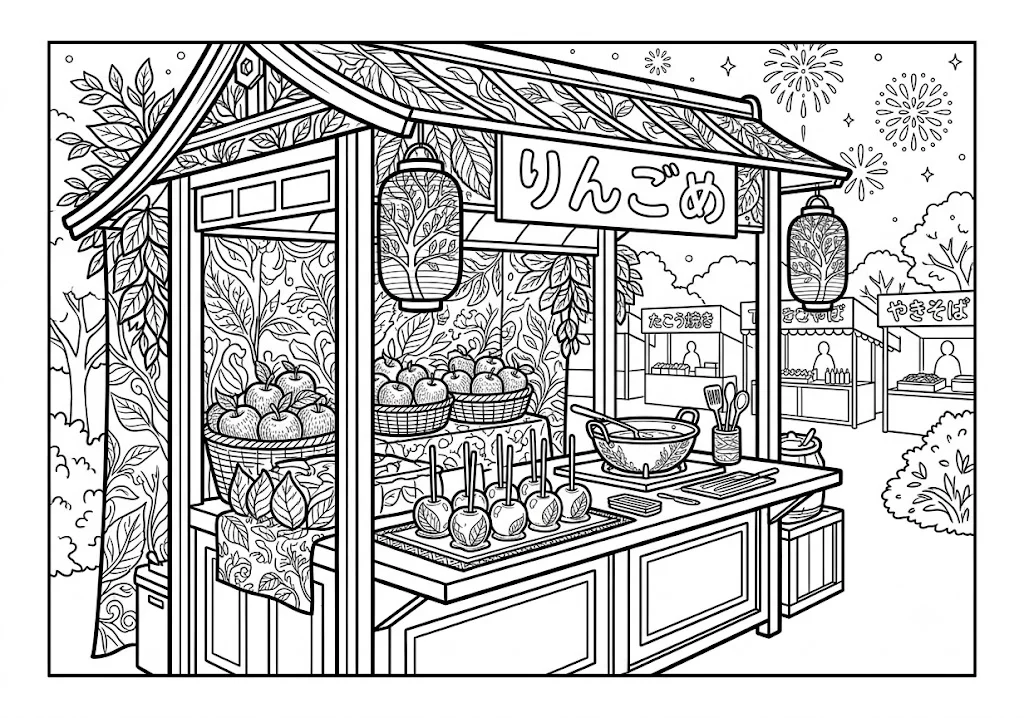 高齢者向け無料塗り絵：花火を背に、りんご飴の屋台で買い物を楽しむ夏祭りの夜店（脳トレ・A4印刷用）