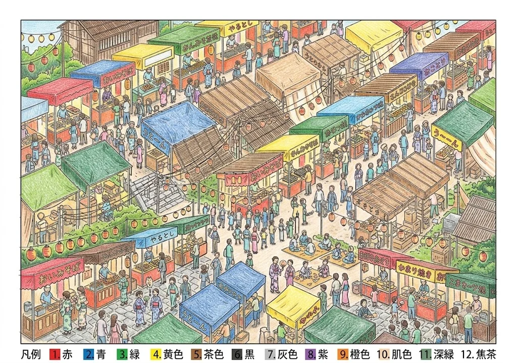 夜店の塗り絵 完成見本（彩色の見本）