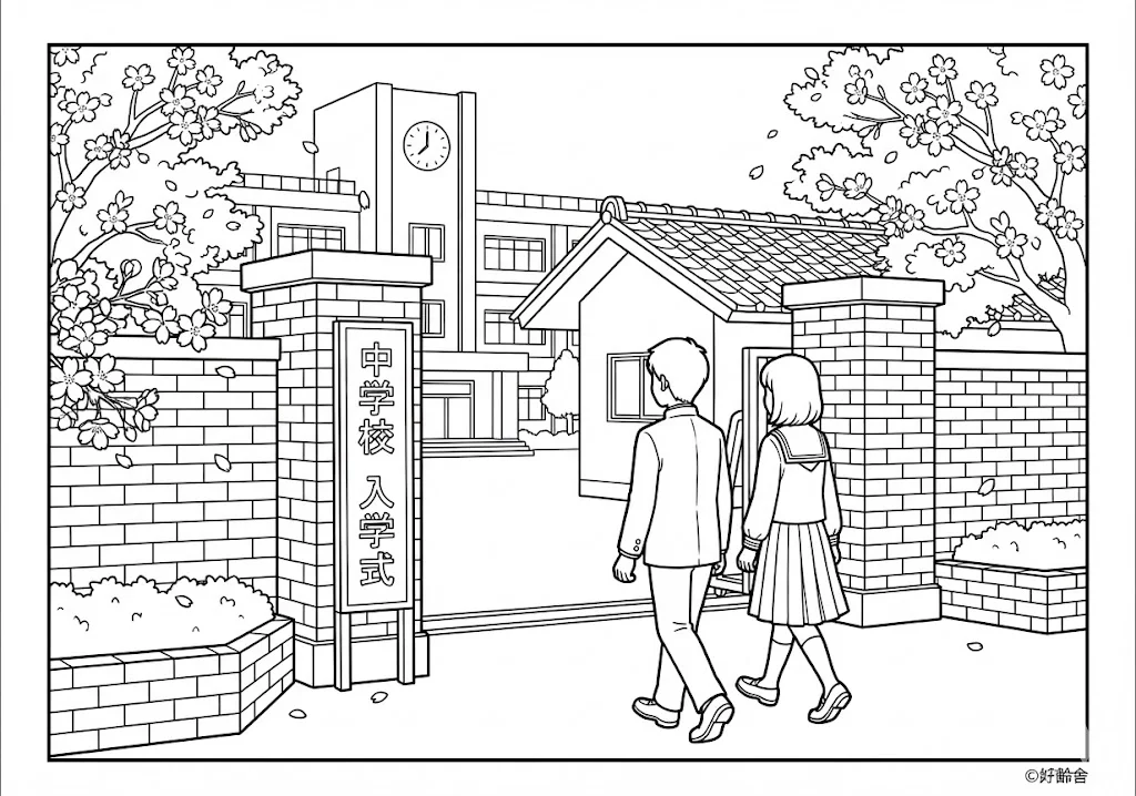 高齢者向け無料塗り絵：希望に満ちた新しい門出、ピカピカのランドセルや桜（脳トレ・A4印刷用）