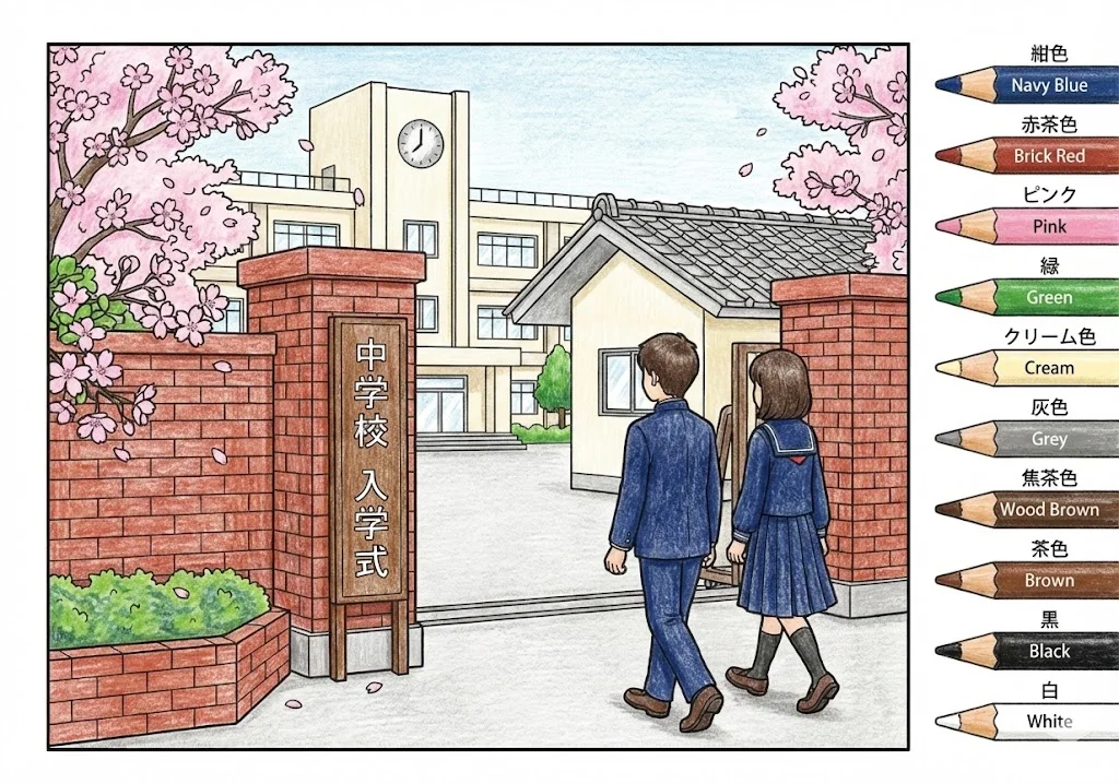 入学の塗り絵 完成見本（彩色の見本）