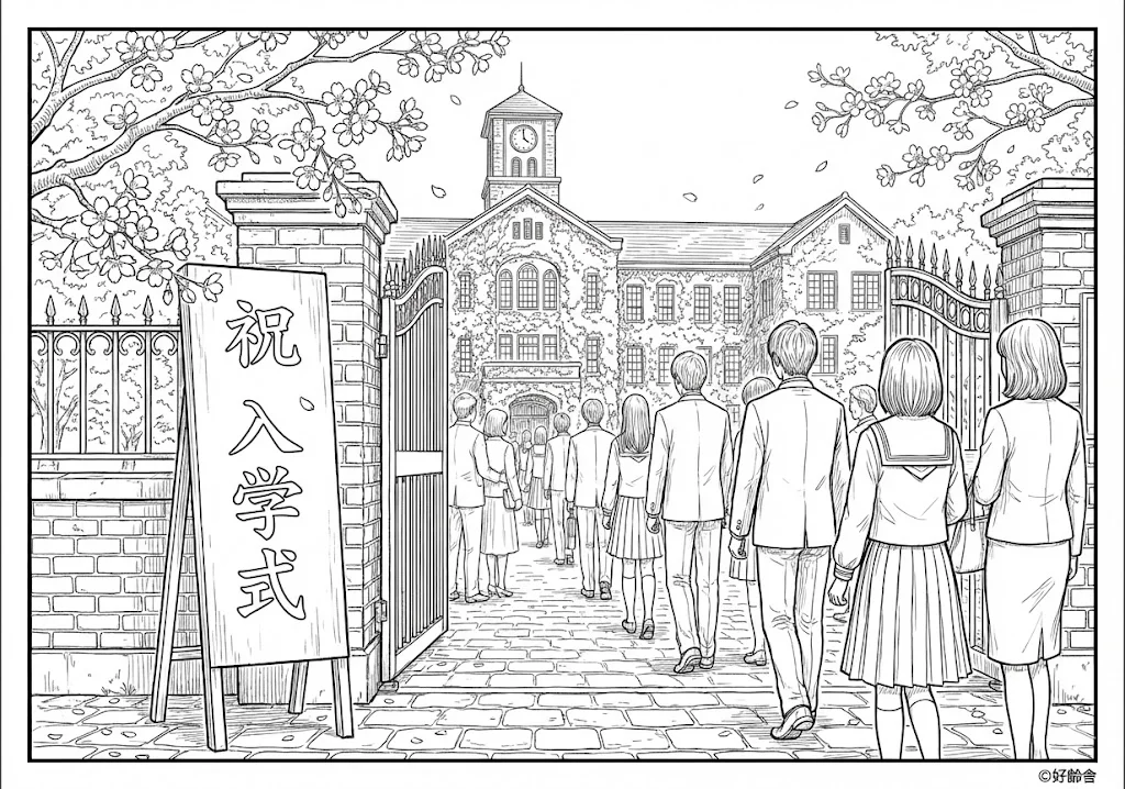 高齢者向け無料塗り絵：希望に満ちた新しい門出、ピカピカのランドセルや桜（脳トレ・A4印刷用）