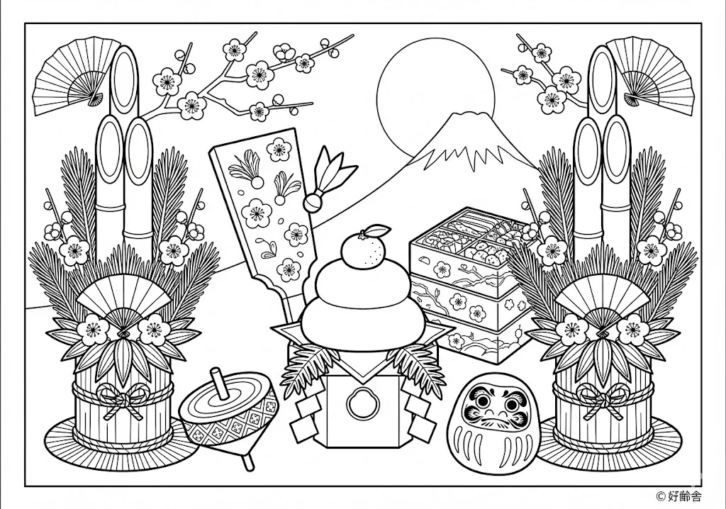 高齢者向け無料塗り絵：一年の始まりを祝う、おめでたいお正月の風景（脳トレ・A4印刷用）