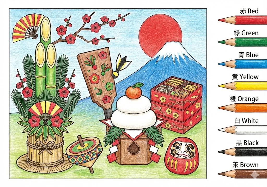 お正月の塗り絵 完成見本（彩色の見本）