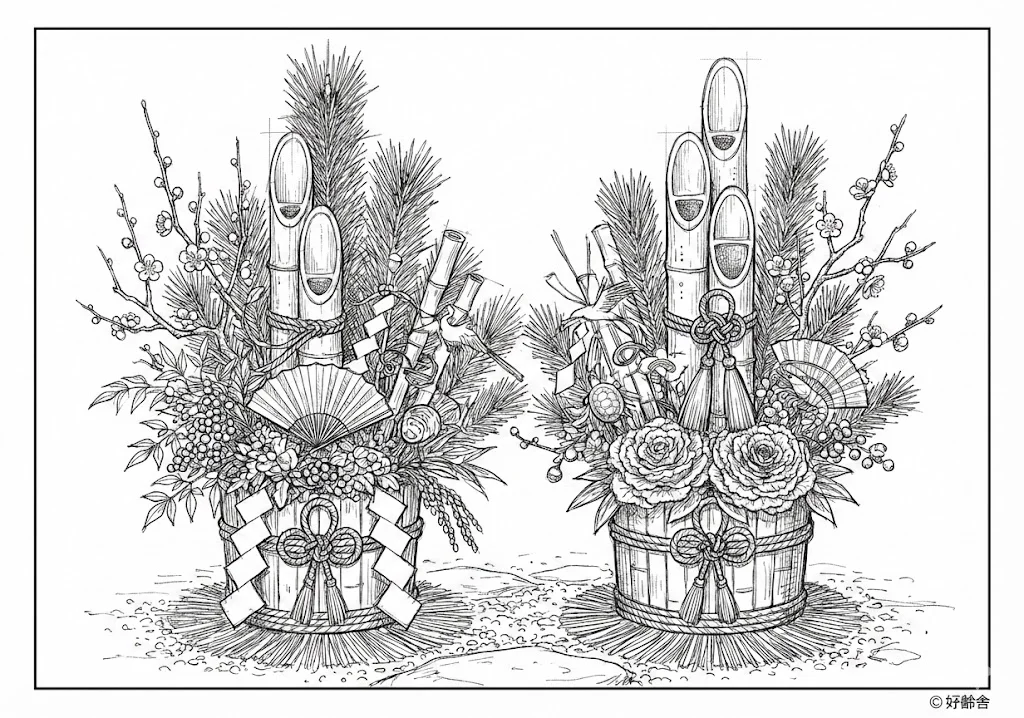 高齢者向け無料塗り絵：一年の始まりを祝う、おめでたいお正月の風景（脳トレ・A4印刷用）