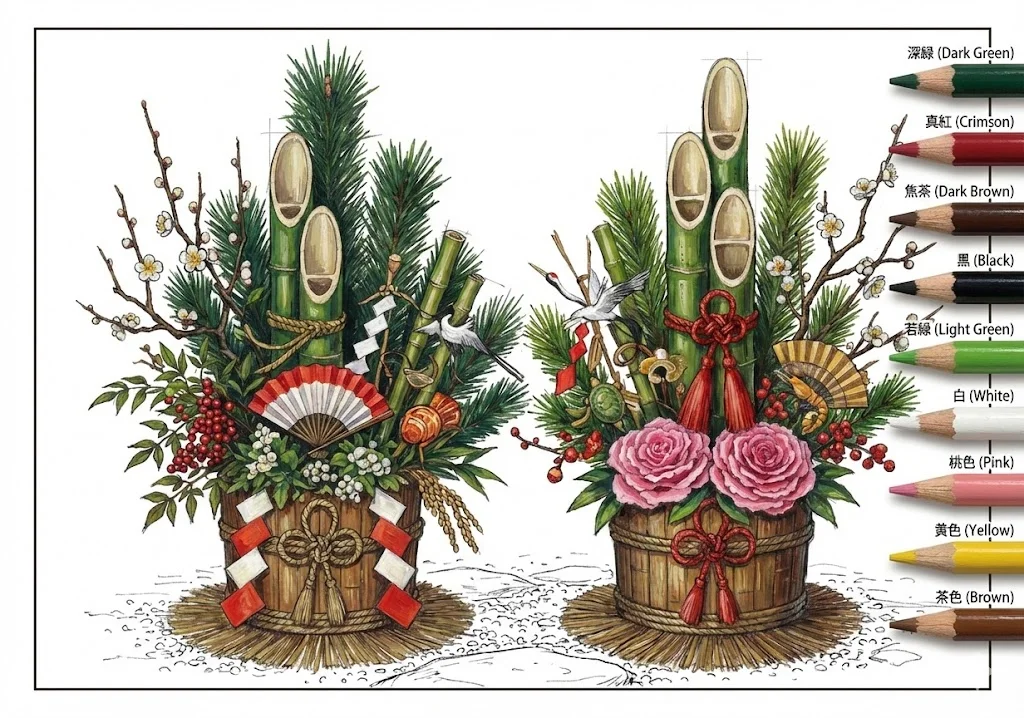 お正月の塗り絵 完成見本（彩色の見本）