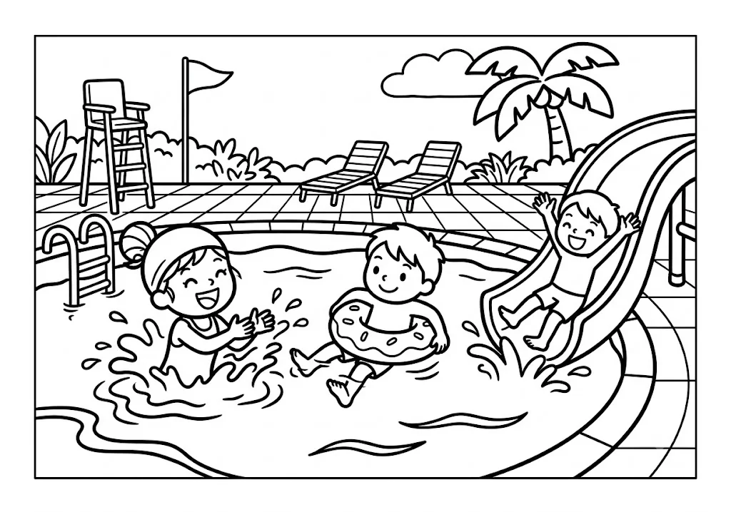 高齢者向け無料塗り絵：水しぶきを上げてはしゃぎ、滑り台も楽しむ夏のプール遊び（脳トレ・A4印刷用）