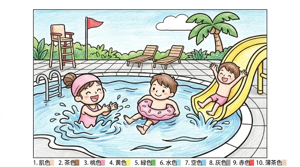 プール遊びの塗り絵 完成見本（彩色の見本）