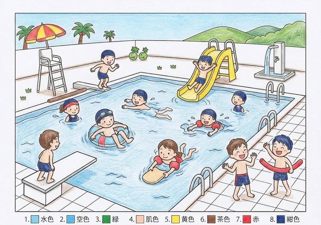 プール遊びの塗り絵 完成見本（彩色の見本）