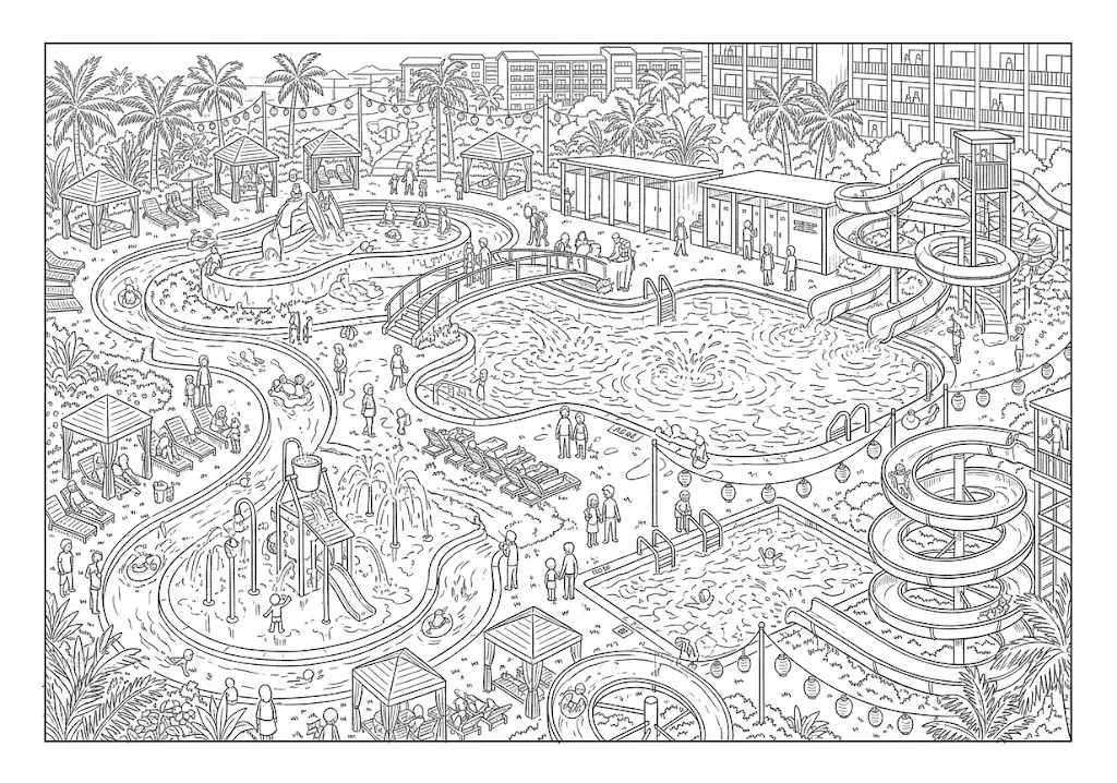 高齢者向け無料塗り絵：流れるプールや滑り台がある大型プール施設を描いた、夏休み（脳トレ・A4印刷用）