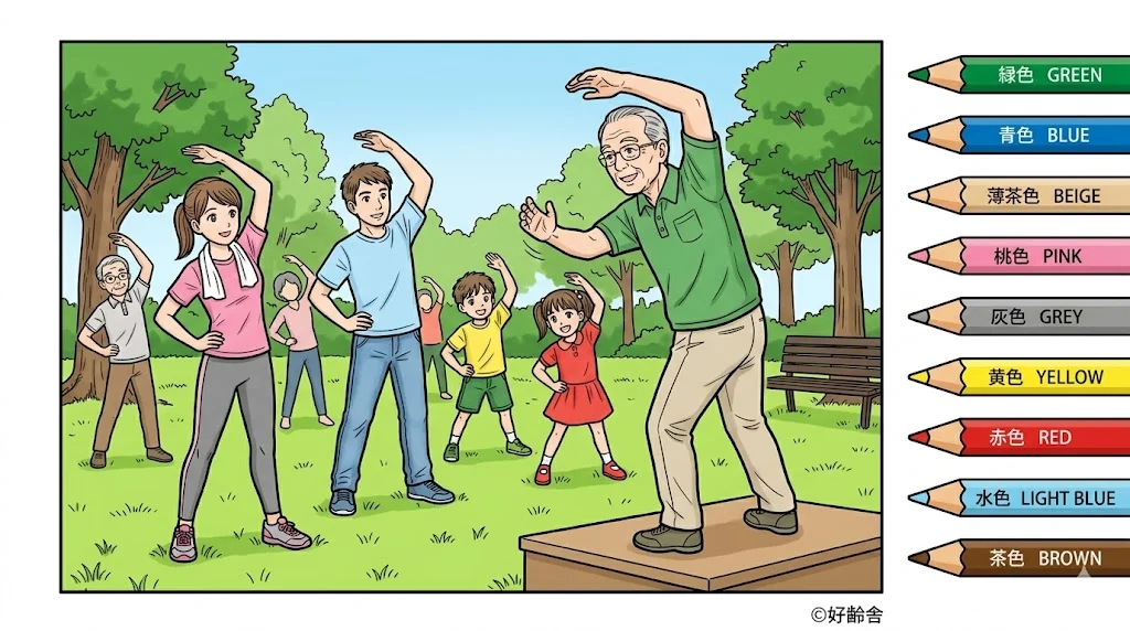 ラジオ体操の塗り絵 完成見本（彩色の見本）