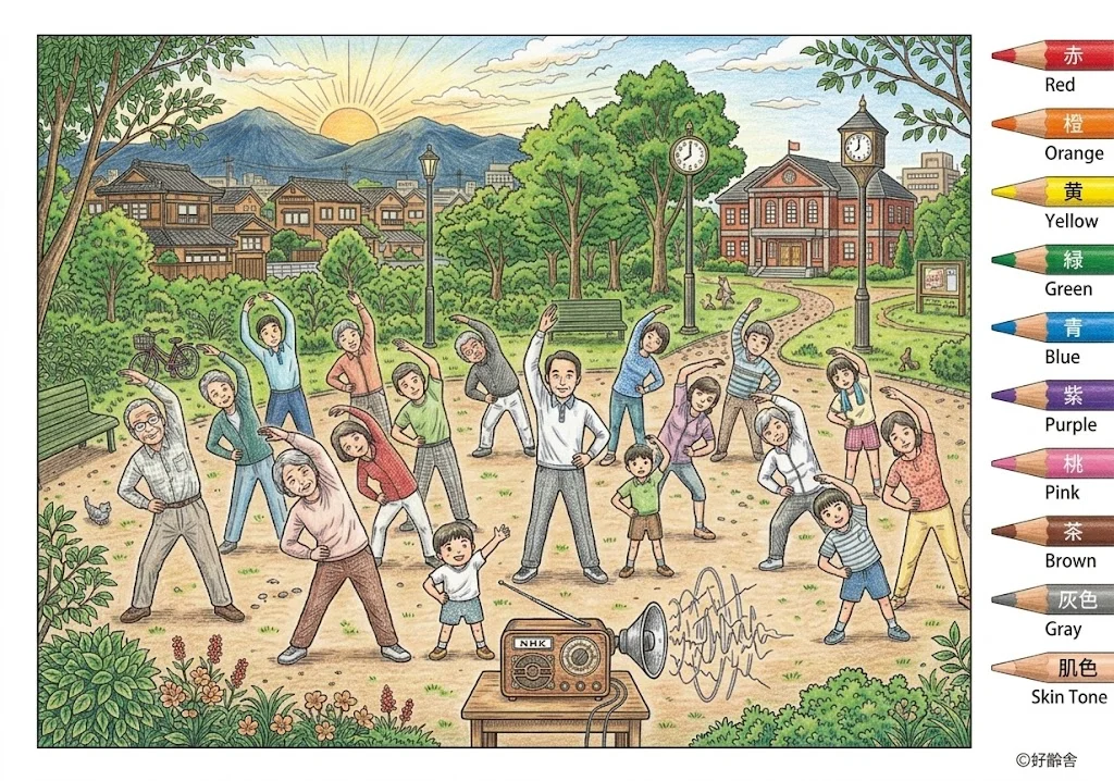 ラジオ体操の塗り絵 完成見本（彩色の見本）