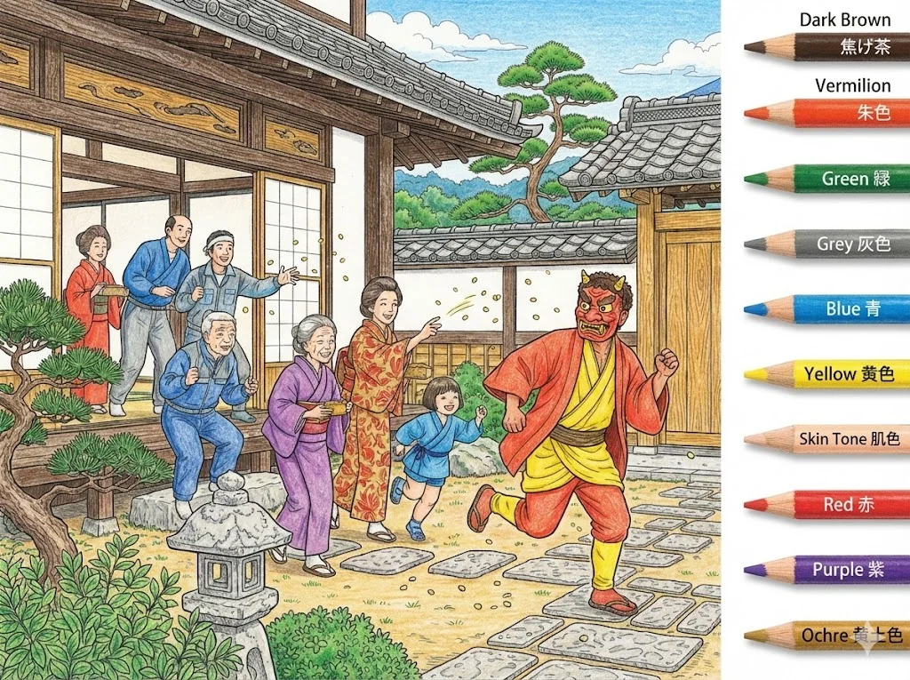 節分の塗り絵 完成見本（彩色の見本）