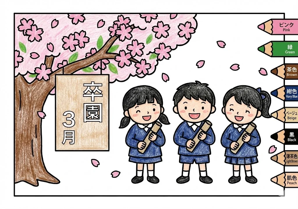 卒園式の塗り絵 完成見本（彩色の見本）