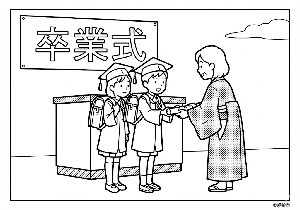 高齢者向け無料塗り絵：学び舎との別れと新しい旅立ちを彩る、感動の卒業式（脳トレ・A4印刷用）