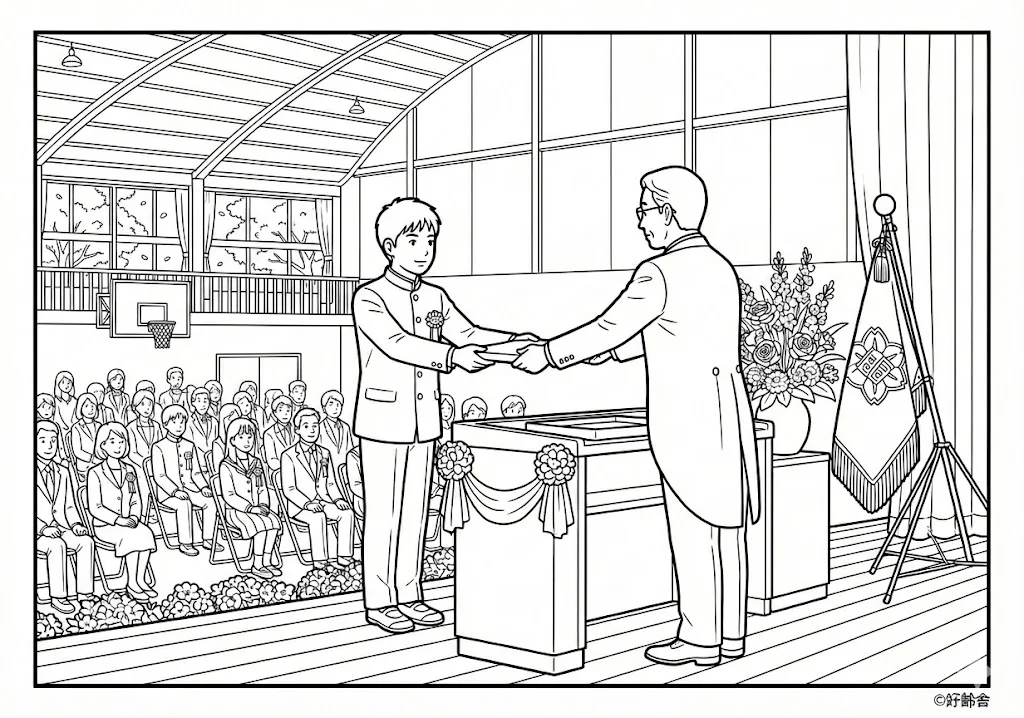 高齢者向け無料塗り絵：学び舎との別れと新しい旅立ちを彩る、感動の卒業式（脳トレ・A4印刷用）