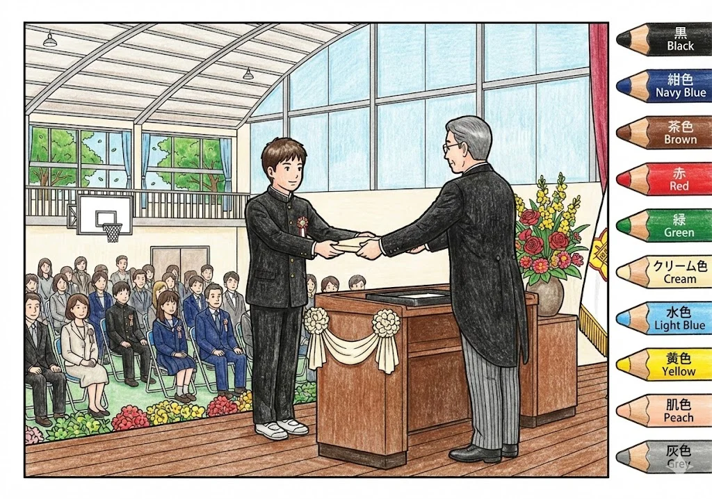 卒業の塗り絵 完成見本（彩色の見本）