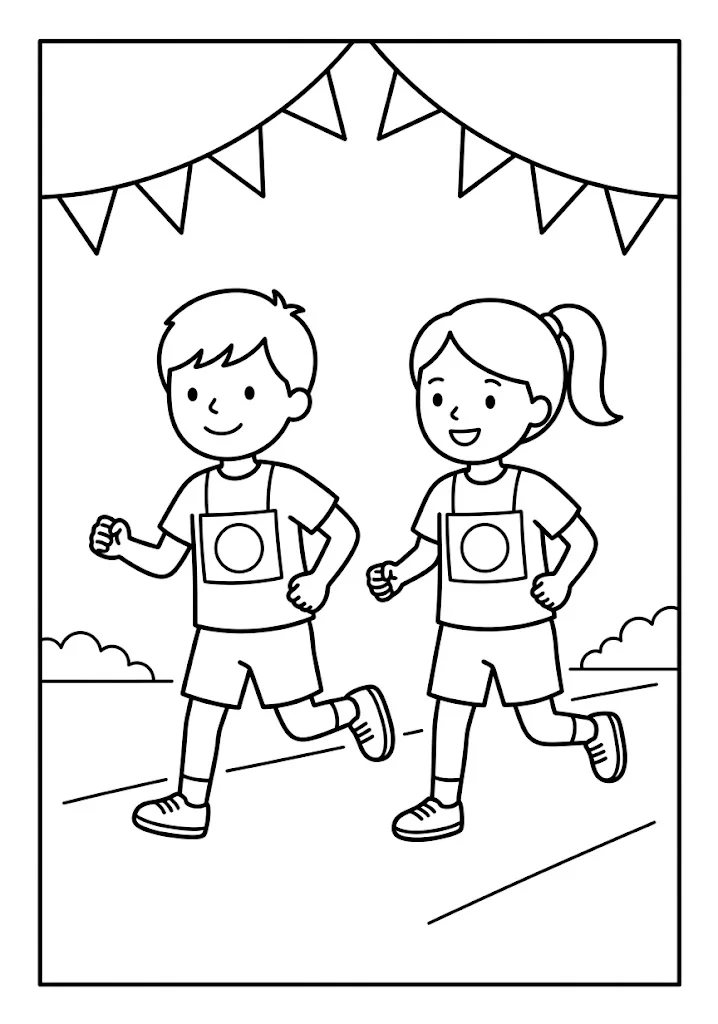 高齢者向け無料塗り絵：運動会網とビンを持ってクワガタや蝶を探す、夏休みの運動会（A4印刷用・脳トレ介護レク）