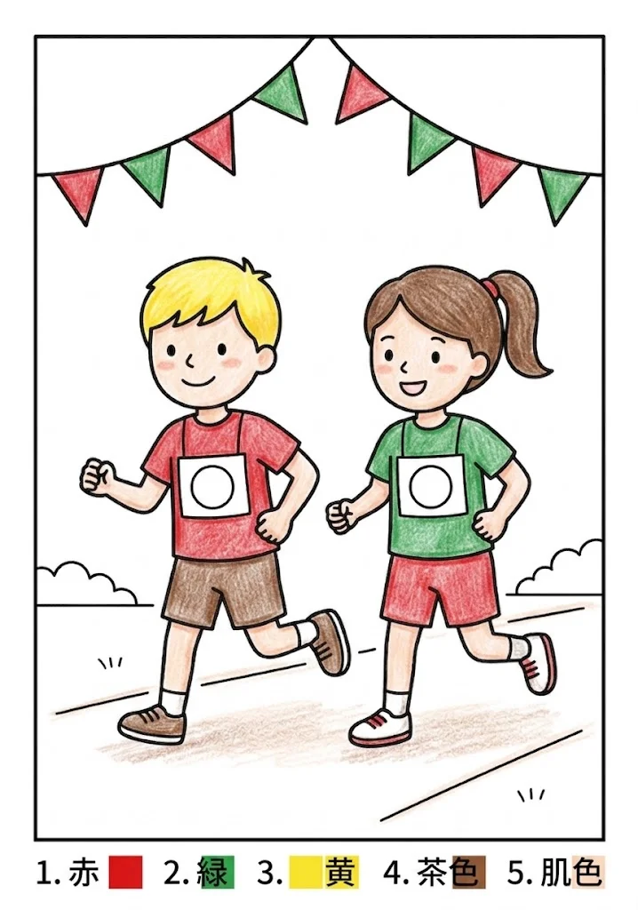 運動会 (1)の下絵の塗り絵 完成見本（カラーサンプル・高齢者レク用）