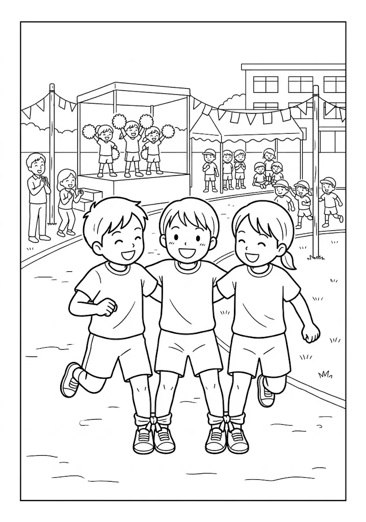 高齢者向け無料塗り絵：三人四脚でゴールを目指す子どもたちと、応援席の賑わいを描いた運動会、運動会（脳トレ・A4印刷用）