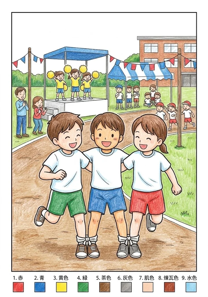 運動会の塗り絵 完成見本（彩色の見本）