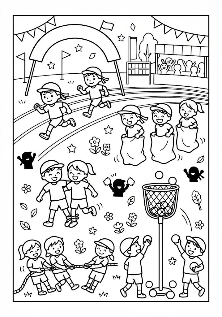 高齢者向け無料塗り絵：徒競走・玉入れ・綱引きなど、さまざまな競技を一枚に集めた運動会、運動会（脳トレ・A4印刷用）