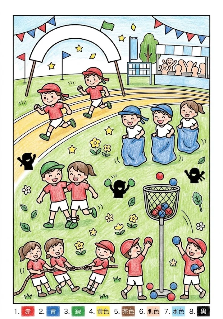 運動会の塗り絵 完成見本（彩色の見本）