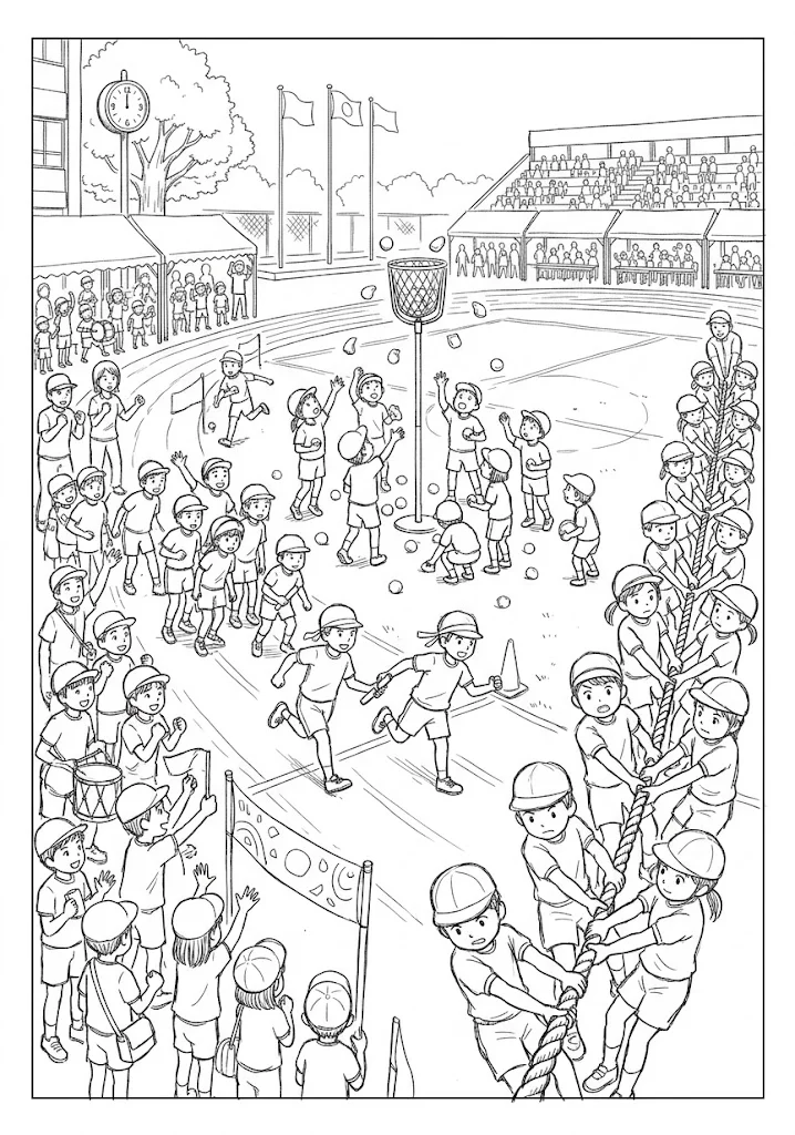 高齢者向け無料塗り絵：校庭いっぱいに玉入れや綱引きが繰り広げられる、活気あふれる運動会、運動会（脳トレ・A4印刷用）