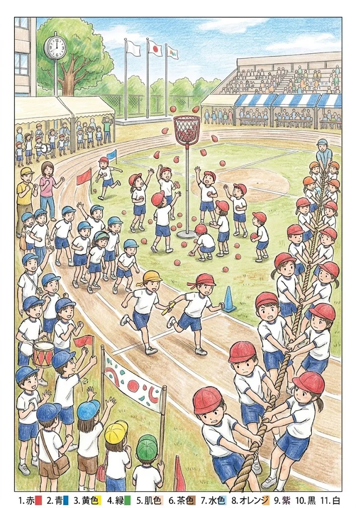 運動会の塗り絵 完成見本（彩色の見本）