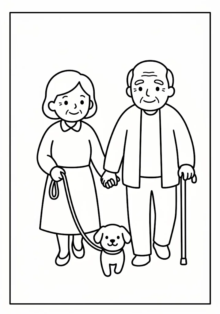 高齢者向け無料塗り絵：散歩 (1)の下絵（A4印刷用・脳トレ介護レク）