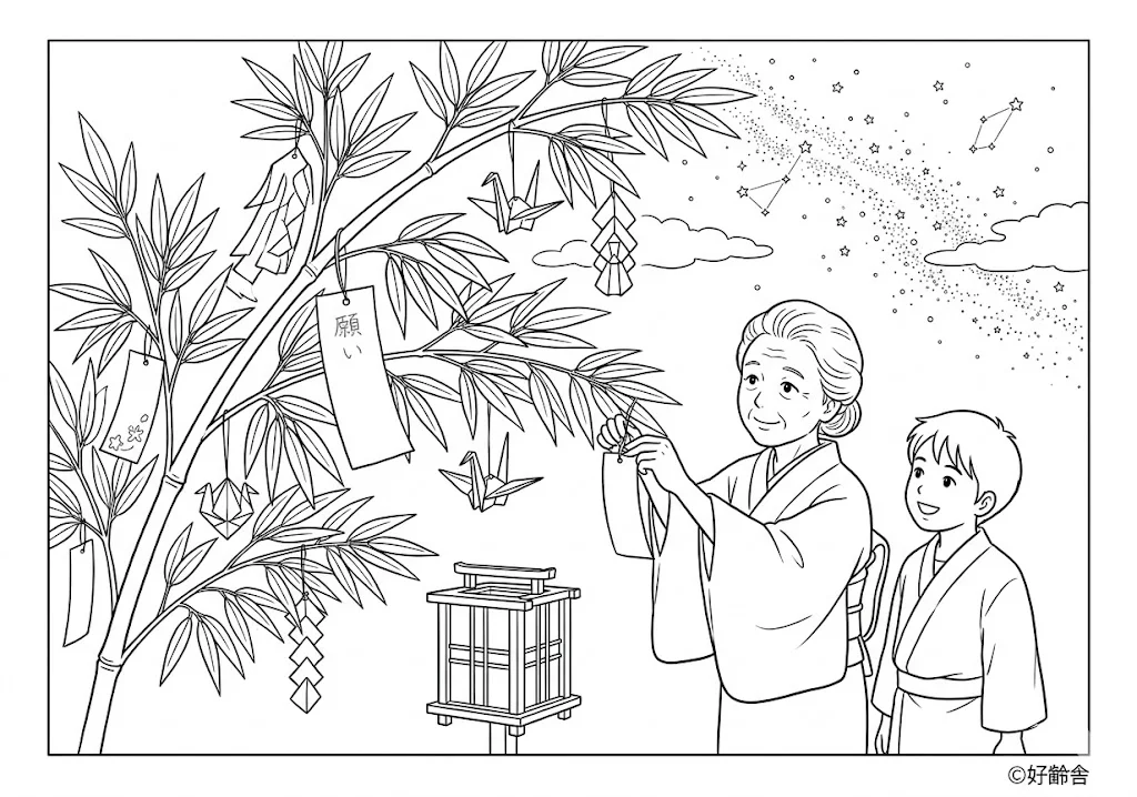 高齢者向け無料塗り絵：星空に願いを込めて、笹飾りを賑やかに飾る七夕まつり（脳トレ・A4印刷用）