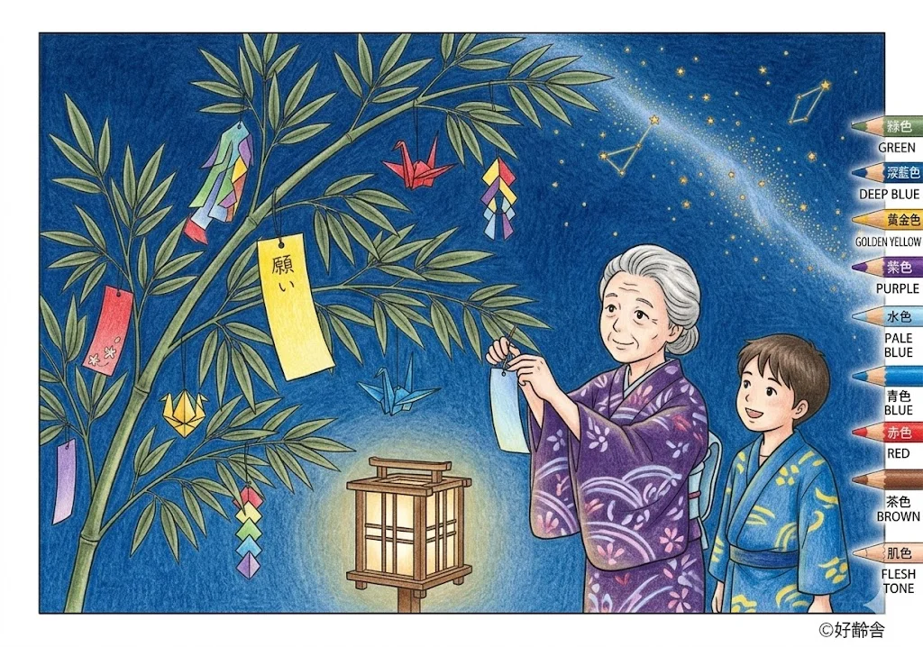 七夕の塗り絵 完成見本（彩色の見本）