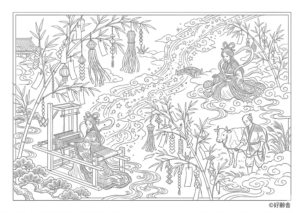 高齢者向け無料塗り絵：色鮮やかな短冊と飾りが揺れる、夏の七夕まつり（脳トレ・A4印刷用）