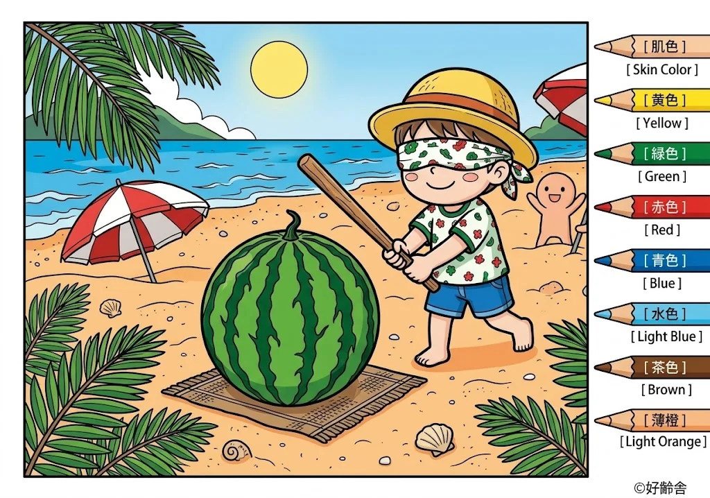 スイカ割りの塗り絵 完成見本（彩色の見本）