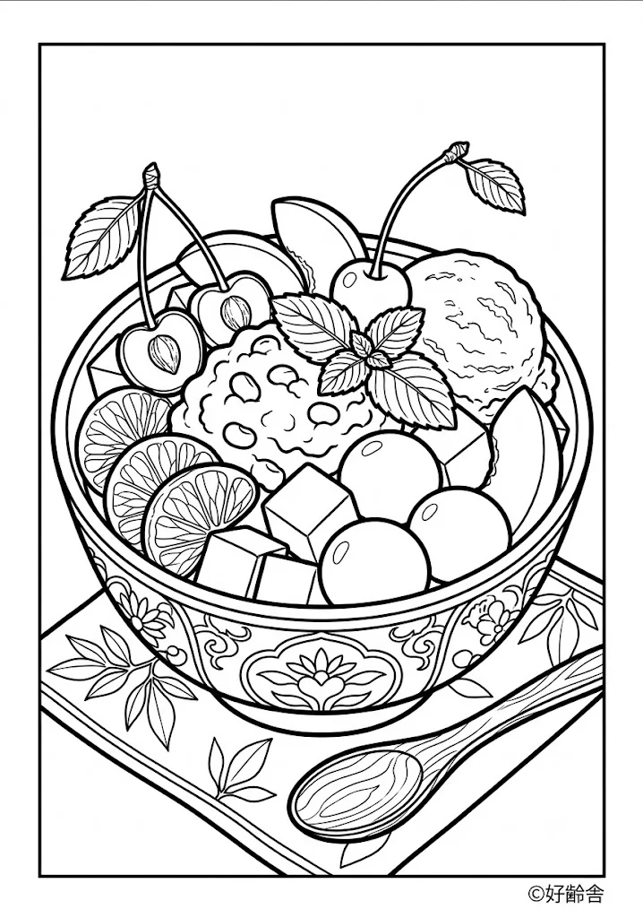 高齢者向け無料塗り絵：あんみつ（A4印刷用・脳トレ介護レク）