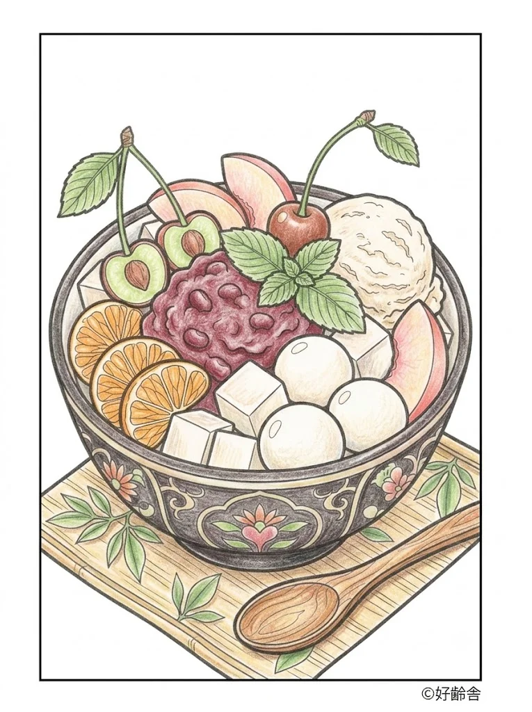 あんみつの塗り絵 完成見本（カラーサンプル・高齢者レク用）