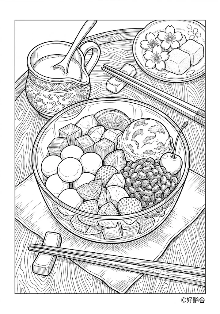 高齢者向け無料塗り絵：あんみつ（A4印刷用・脳トレ介護レク）