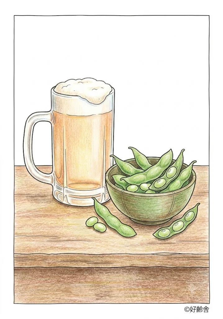 ビールと枝豆の塗り絵 完成見本（カラーサンプル・高齢者レク用）