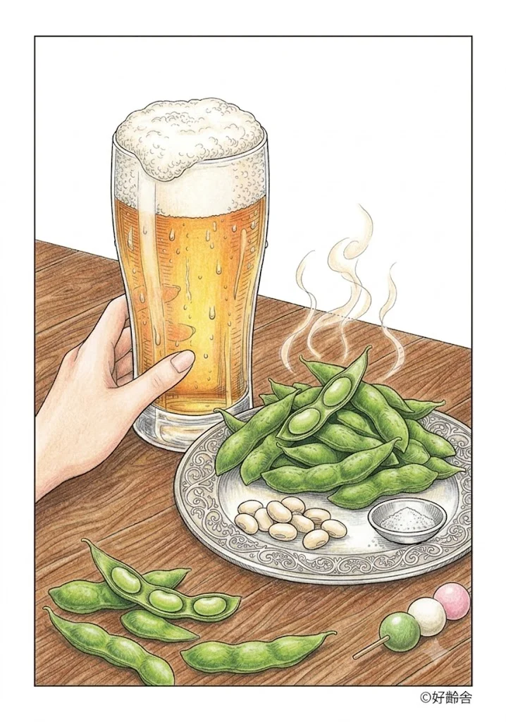 ビールと枝豆の塗り絵 完成見本（カラーサンプル・高齢者レク用）