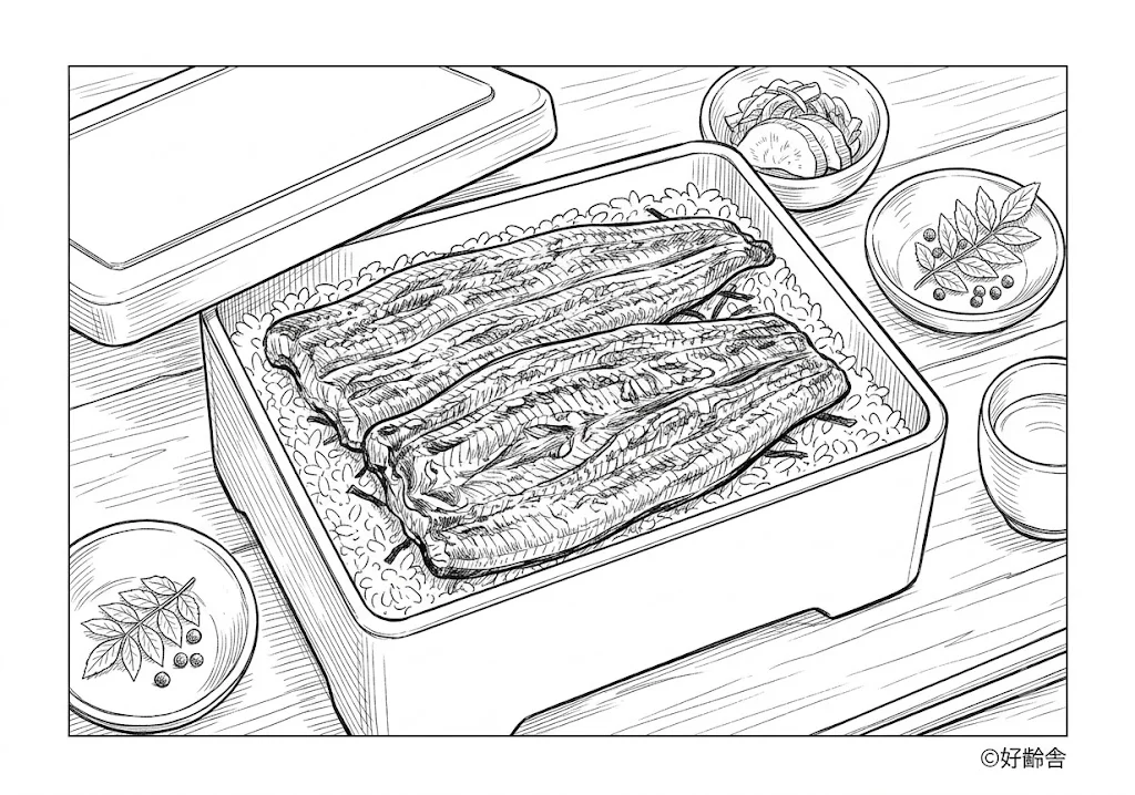 高齢者向け無料塗り絵：うな重（A4印刷用・脳トレ介護レク）