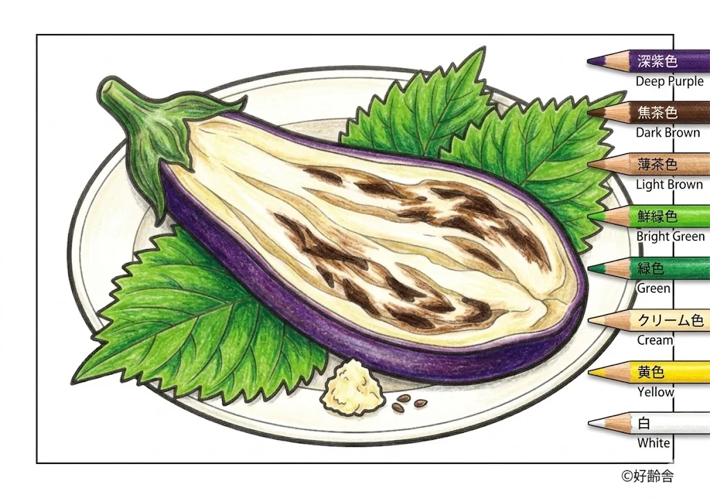 焼き茄子の塗り絵の塗り絵 完成見本