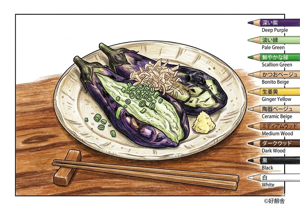 焼き茄子の塗り絵の塗り絵 完成見本