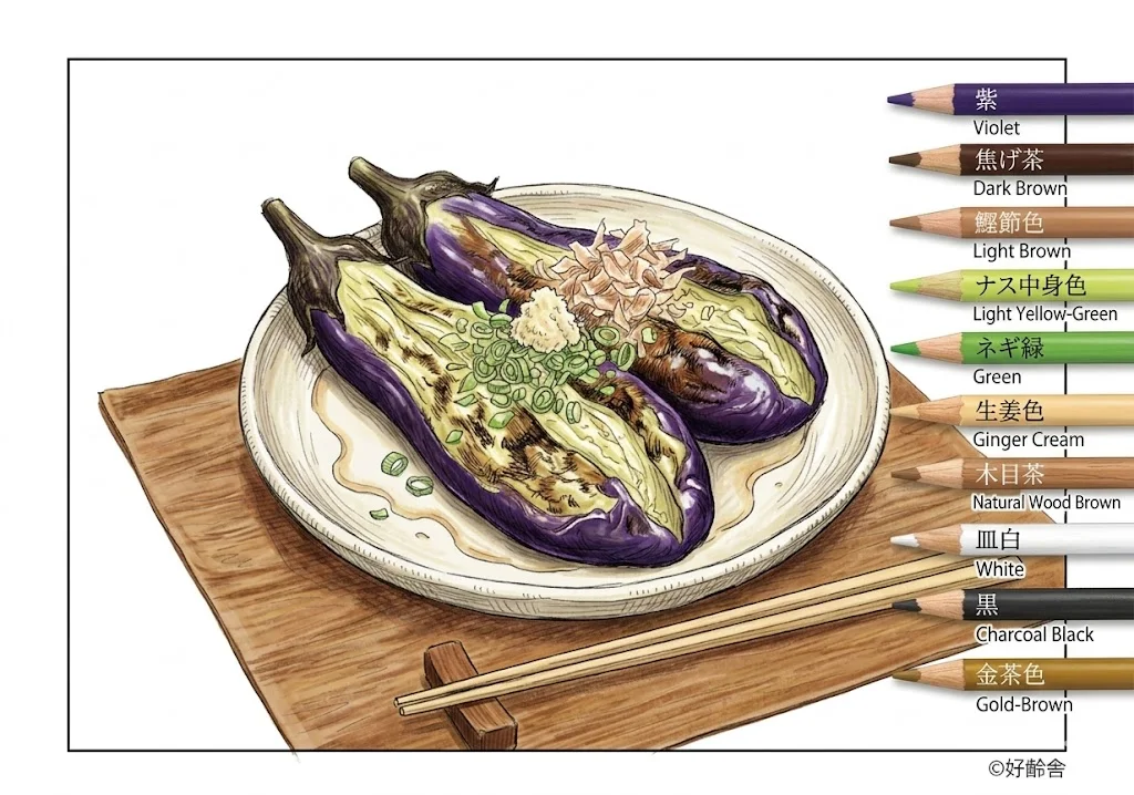 焼き茄子の塗り絵の塗り絵 完成見本