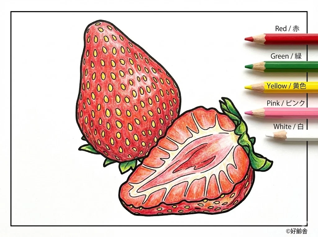 いちご（完成見本） (Strawberry) ｜ 高齢者（g3b3）向け無料塗り絵｜美味しい食べ物イラスト