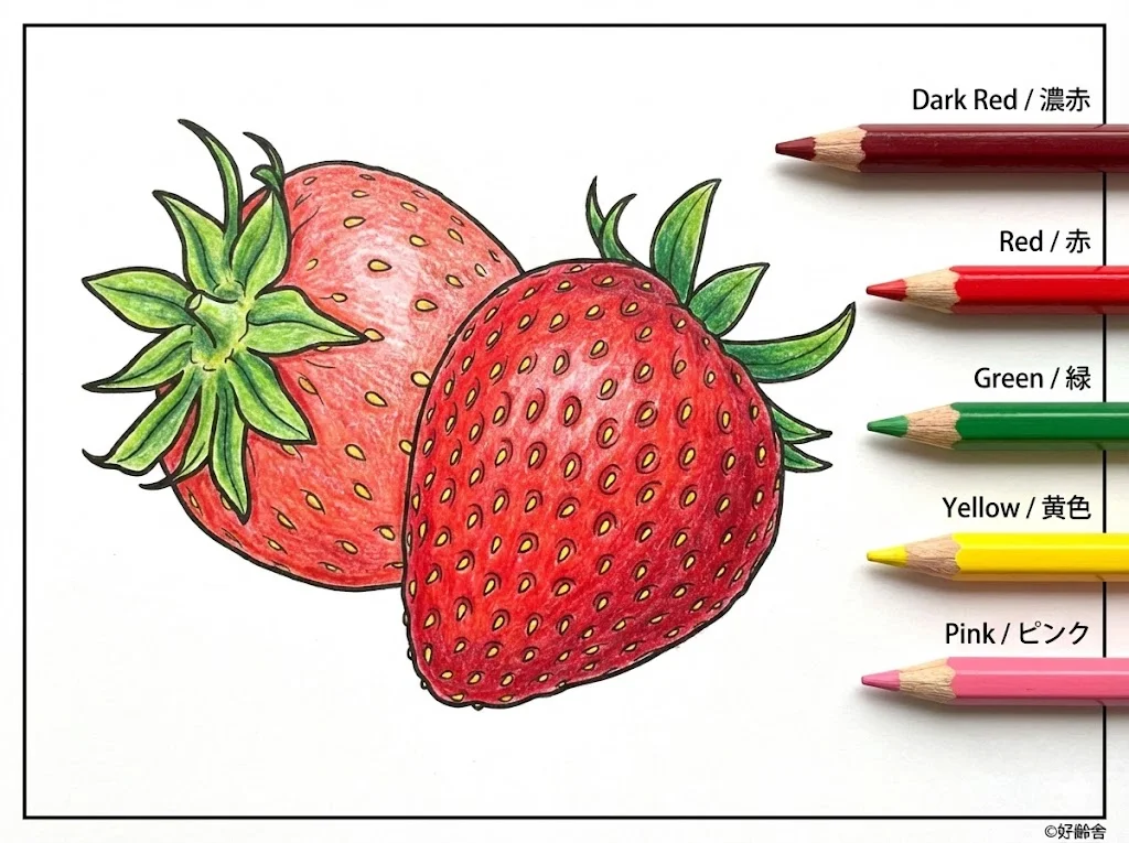 いちご（完成見本） (Strawberry) ｜ 高齢者（g3b3）向け無料塗り絵｜美味しい食べ物イラスト